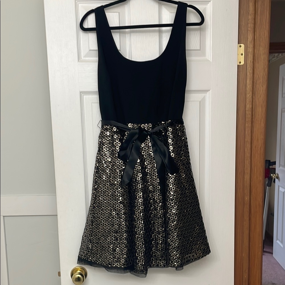 Black and Gold Sequin Dress with Ribbon